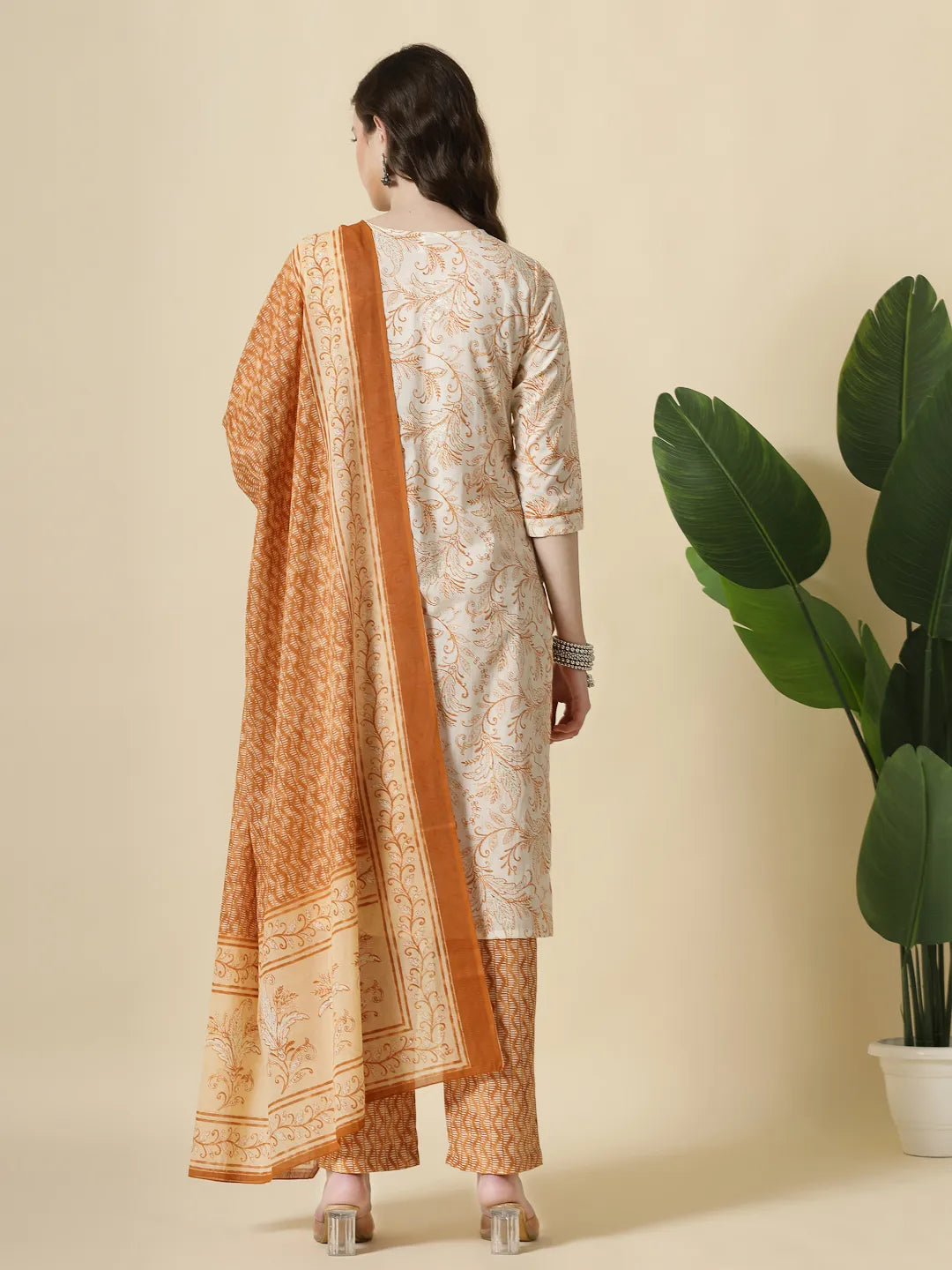Yufta Rust Pure Cotton PaisleyThread Work Kurta Dupatta Pant Set - Distacart