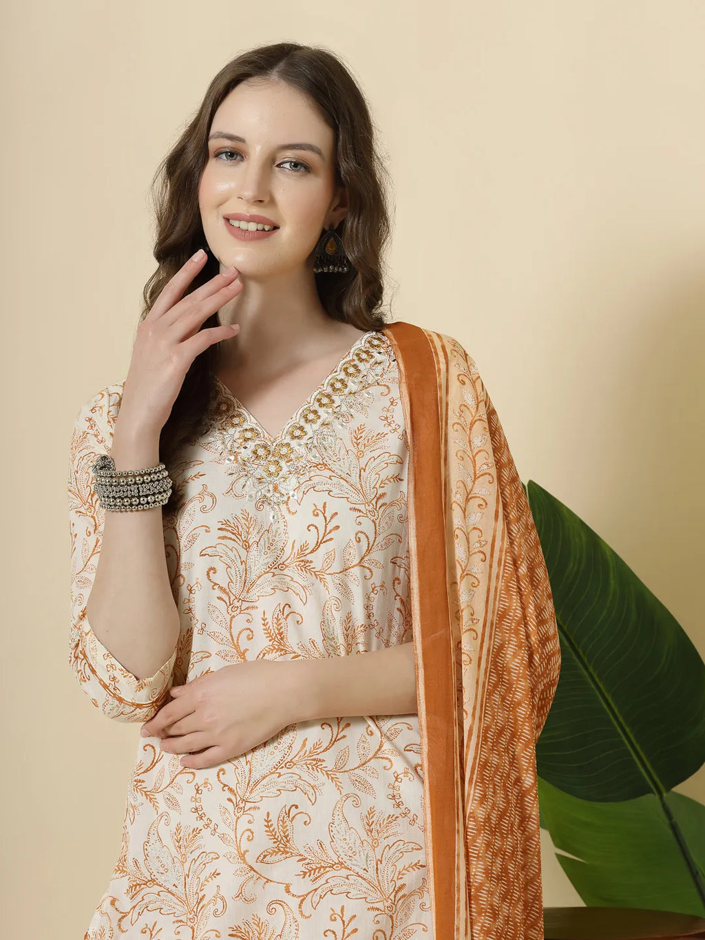 Yufta Rust Pure Cotton PaisleyThread Work Kurta Dupatta Pant Set - Distacart