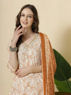 Yufta Rust Pure Cotton PaisleyThread Work Kurta Dupatta Pant Set - Distacart