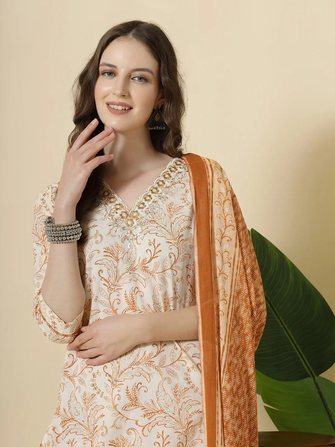 Yufta Rust Pure Cotton PaisleyThread Work Kurta Dupatta Pant Set - Distacart