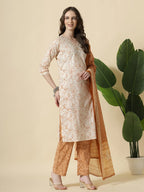 Yufta Rust Pure Cotton PaisleyThread Work Kurta Dupatta Pant Set - Distacart