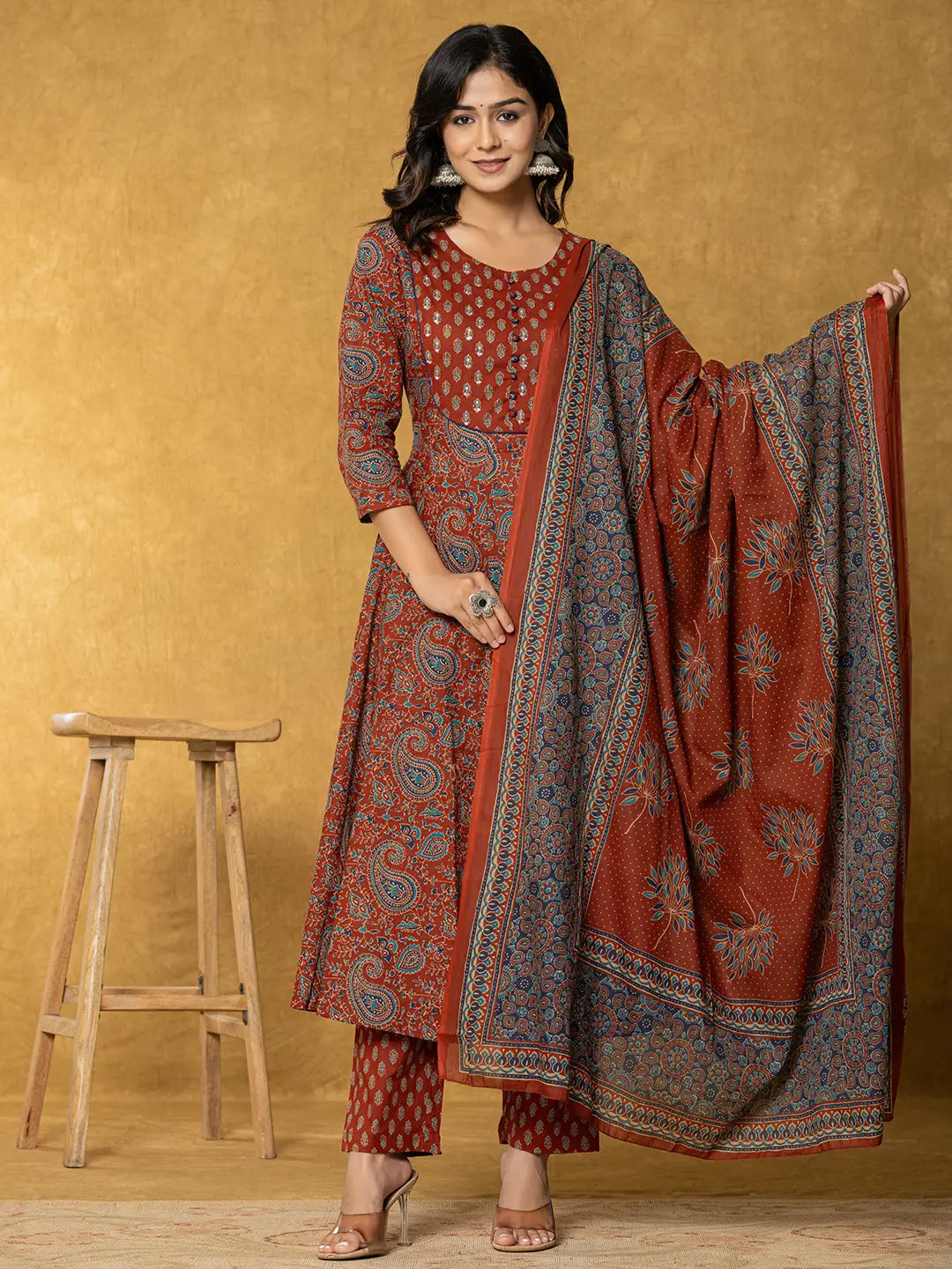 Yufta Rust Sequins_Work Cotton Anarkali Kurta Dupatta Set