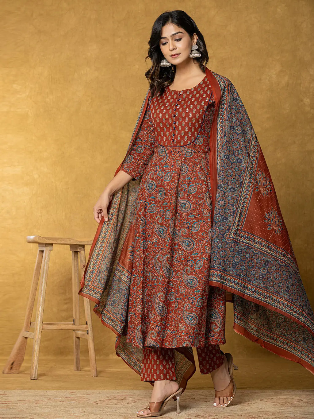 Yufta Rust Sequins_Work Cotton Anarkali Kurta Dupatta Set