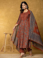 Yufta Rust Sequins_Work Cotton Anarkali Kurta Dupatta Set
