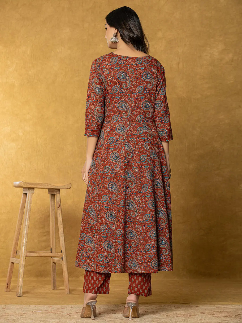 Yufta Rust Sequins_Work Cotton Anarkali Kurta Dupatta Set