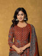 Yufta Rust Sequins_Work Cotton Anarkali Kurta Dupatta Set