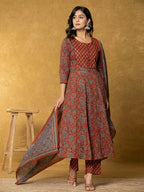 Yufta Rust Sequins_Work Cotton Anarkali Kurta Dupatta Set