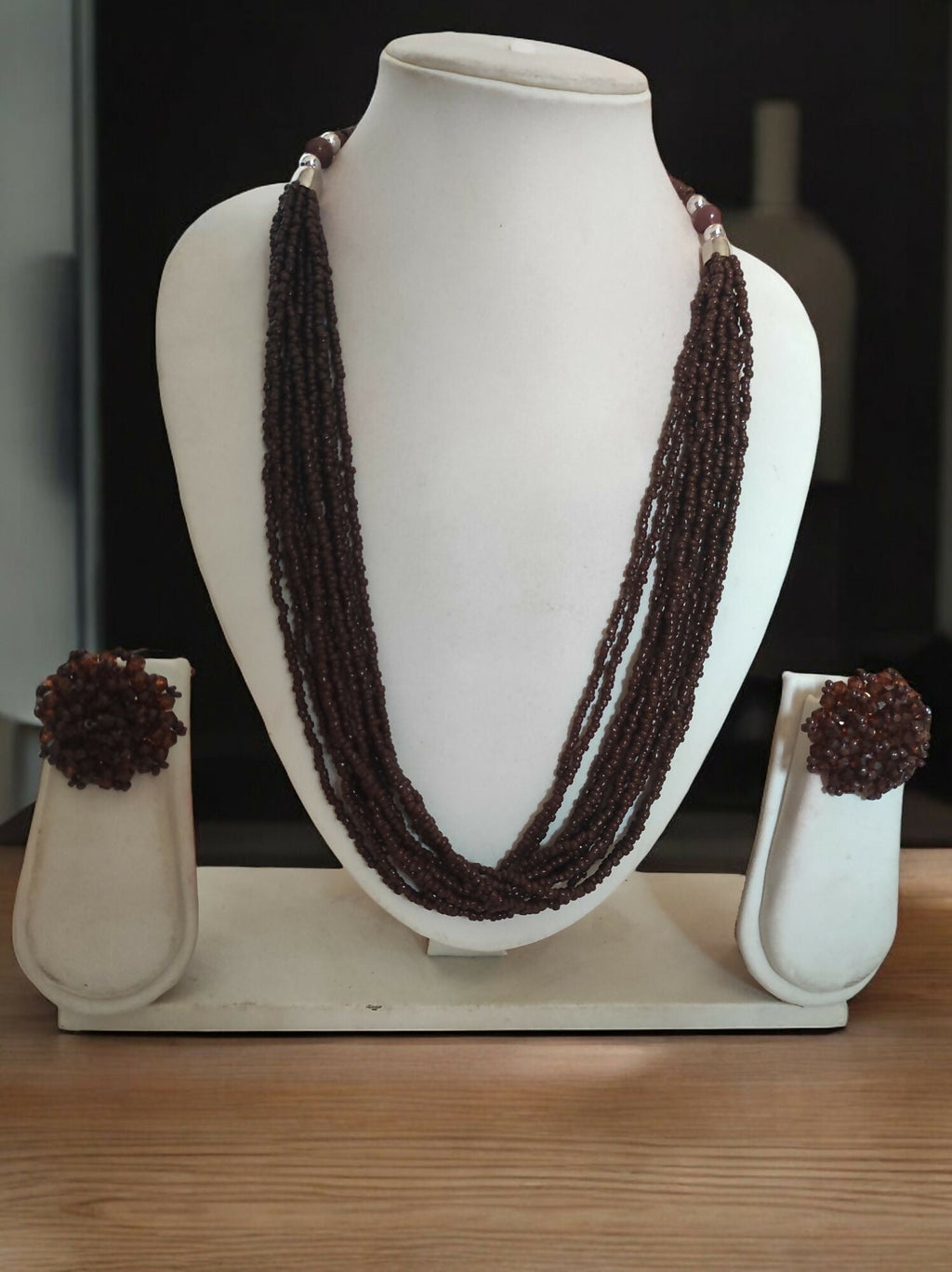 Inhanns Bloom Handmade Beaded Necklace With Earrings - 12 Layers - Coffee Necklace Set