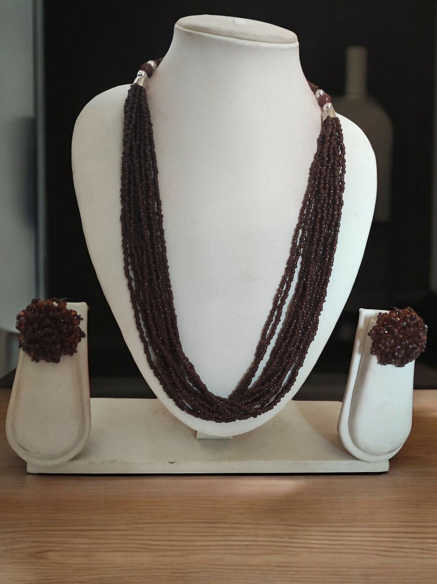 Inhanns Bloom Handmade Beaded Necklace With Earrings - 12 Layers - Coffee Necklace Set