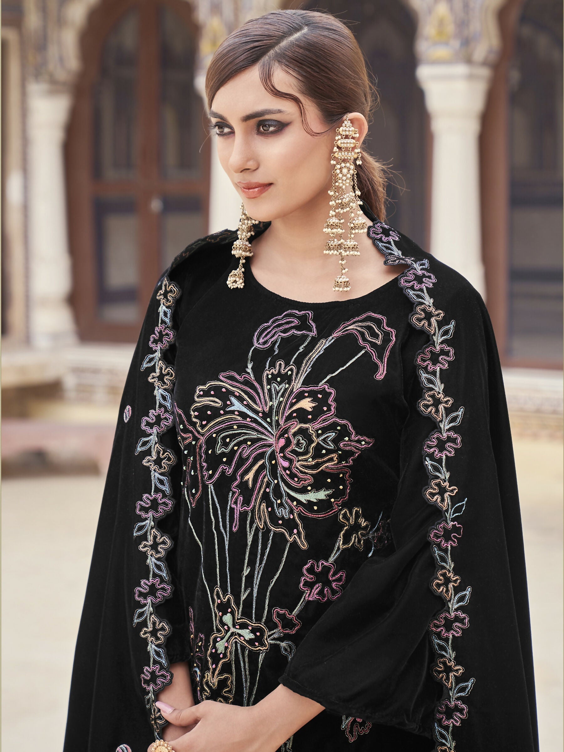 Jyoti Fashion Women's Black Velvet Resham Thread with Jari & Sequin Kurta with Trouser & Dupatta