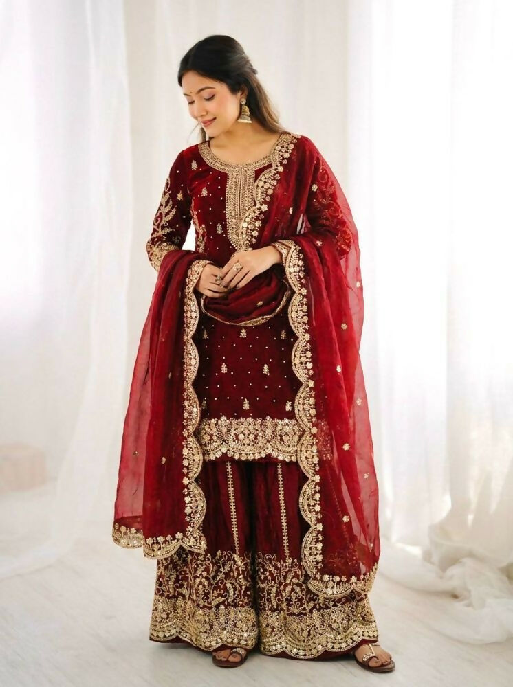 Teeya Creation Maron Color Fendy Silk Embroidery Work Wedding Wear Salwar Suit - Distacart
