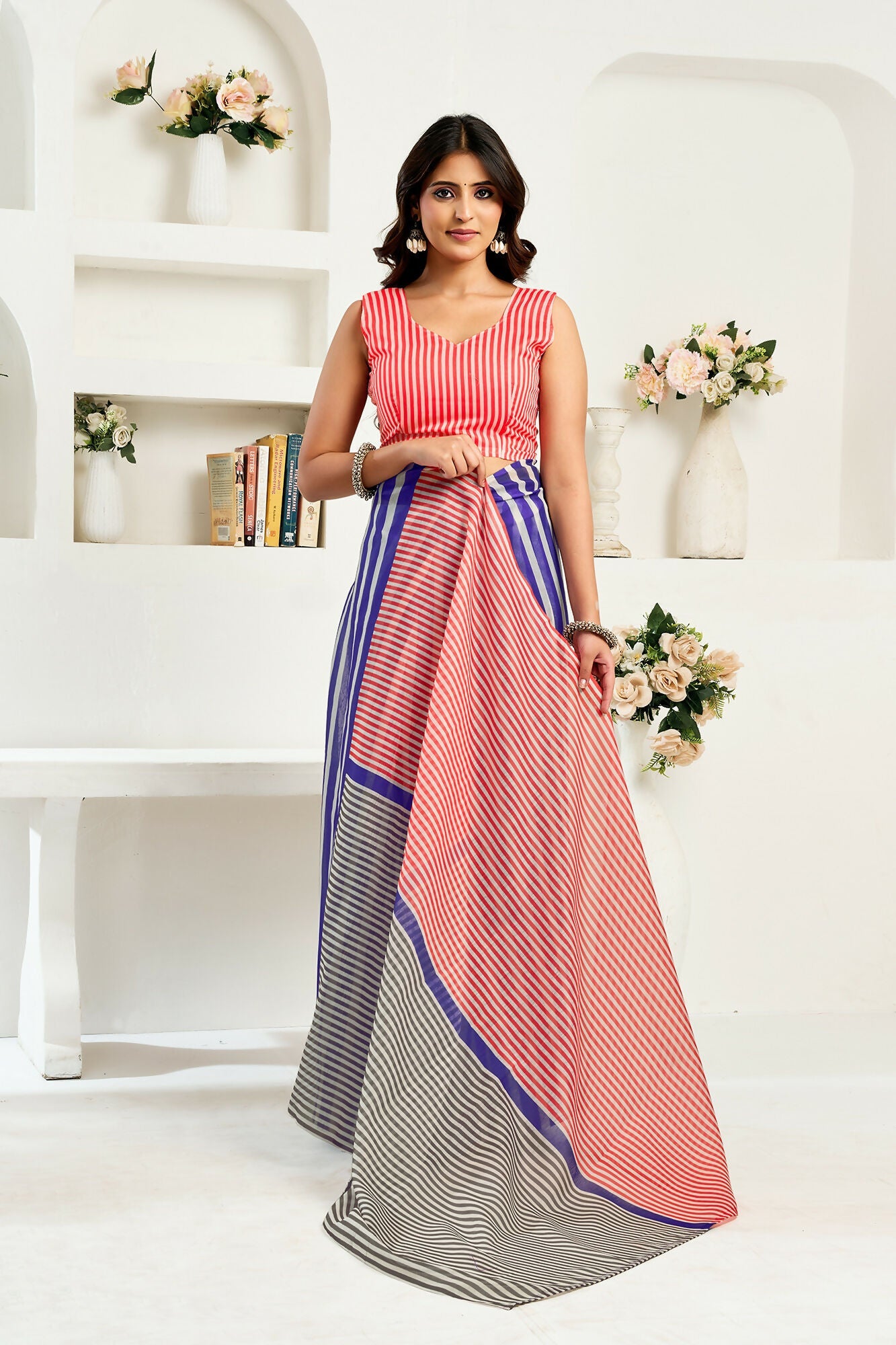 Vastranavya Royal Blue Digital Printed Linen Ready To Wear Designer Saree with Unstitched Blouse - Distacart