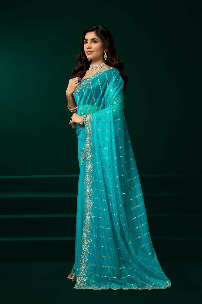 Joban Fashion Turquoise Blue Net Party Wear Sarees - Distacart