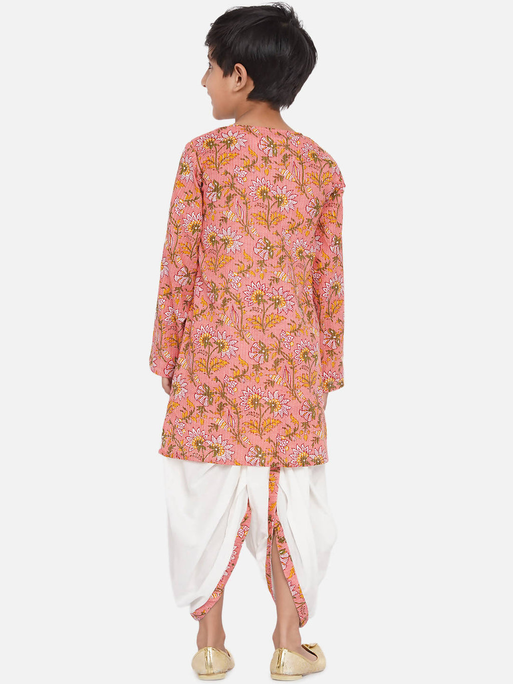 Little Bansi Boys Bengali Kantha work floral kurta & Dhoti - Pink & White