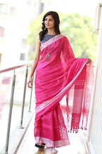 Very Much Indian Pure Linen Saree With Sleek Border And Exclusive Design - Pink - Distacart