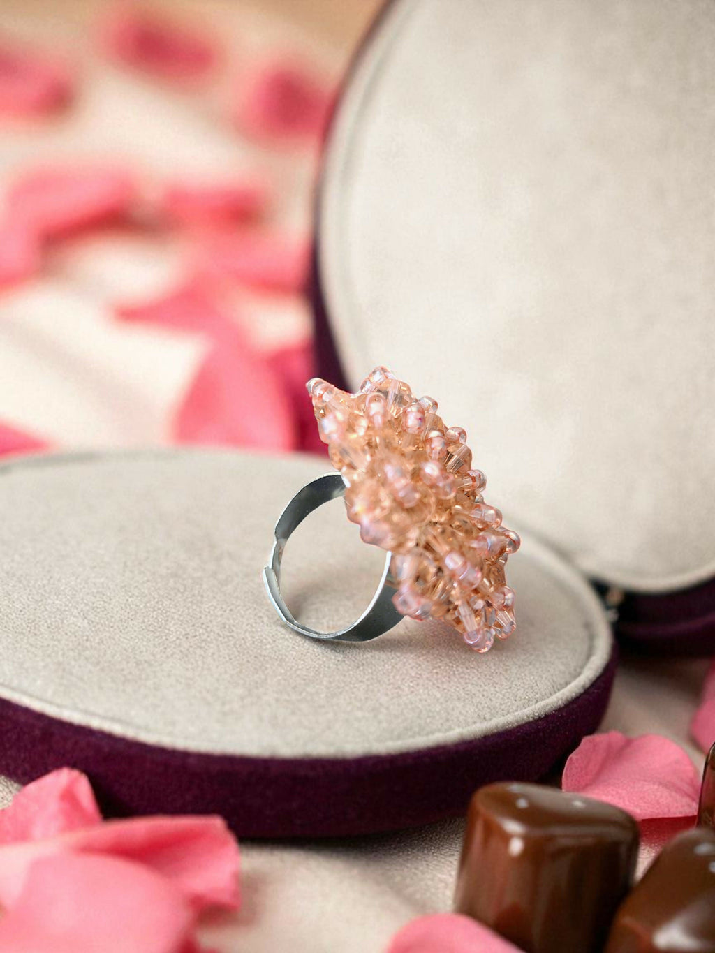 Inhanns Rang-E-Roshan Adjustable Ring – Handmade Crystal Statement Ring - Peach 2