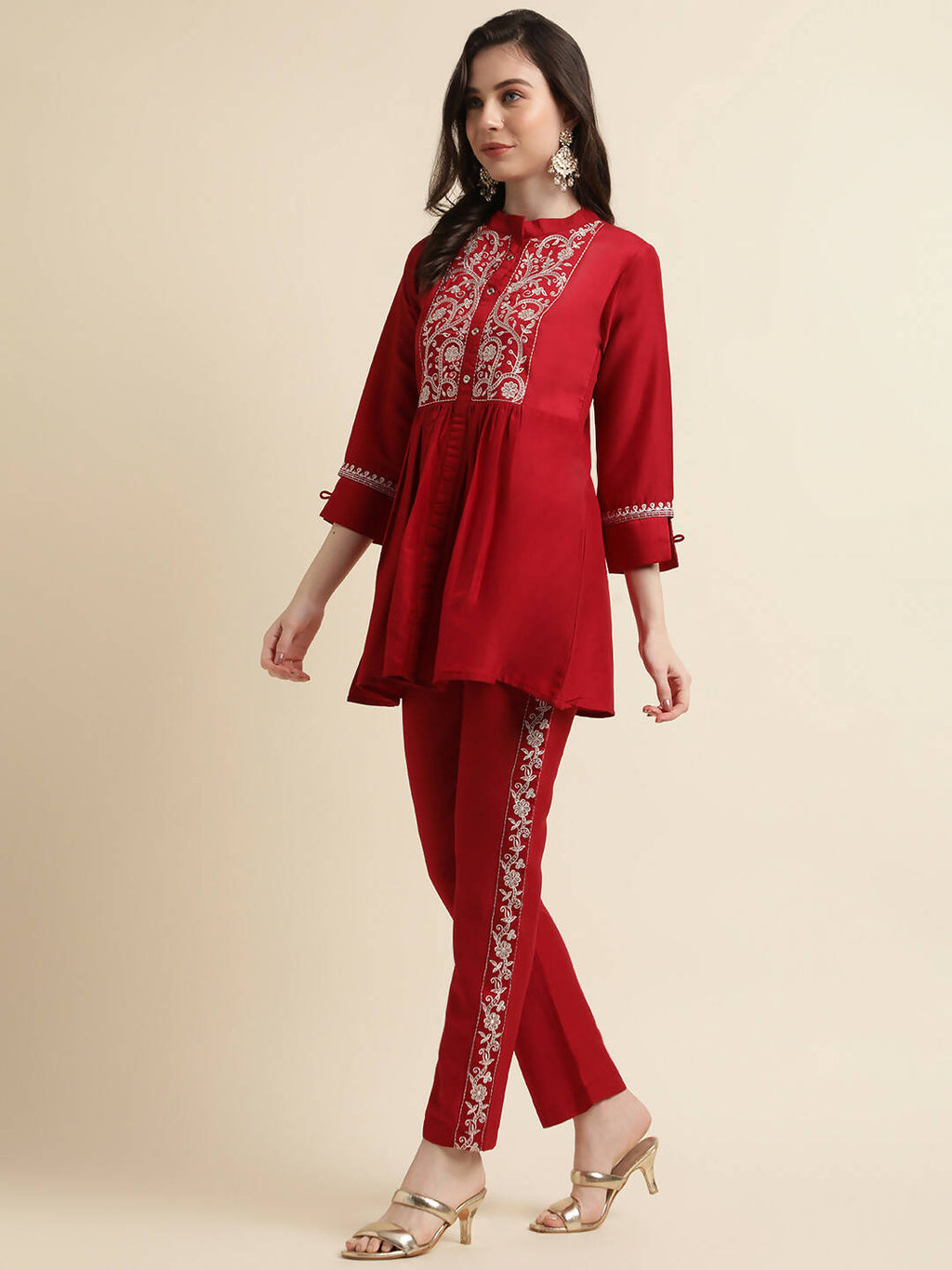 Red Chinon Floral Embroidered Top with Bottom - Maanushi