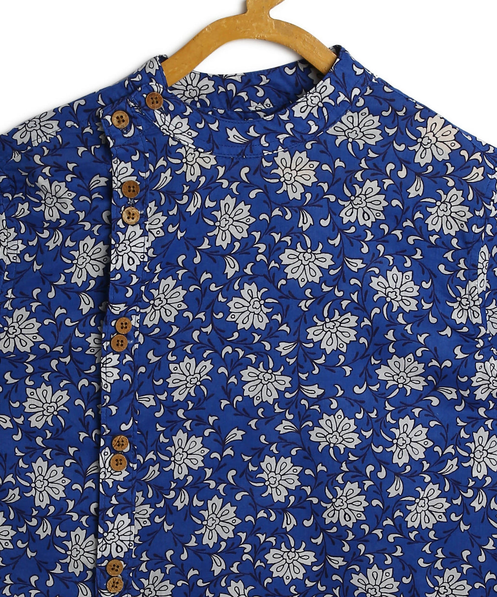 Manet Boys Full Sleeves Flower Printed Ethnic Shirt - Blue