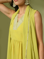 Myshka Women's Yellow Solid Georgette Anarkali Party Kurta Set With Dupatta