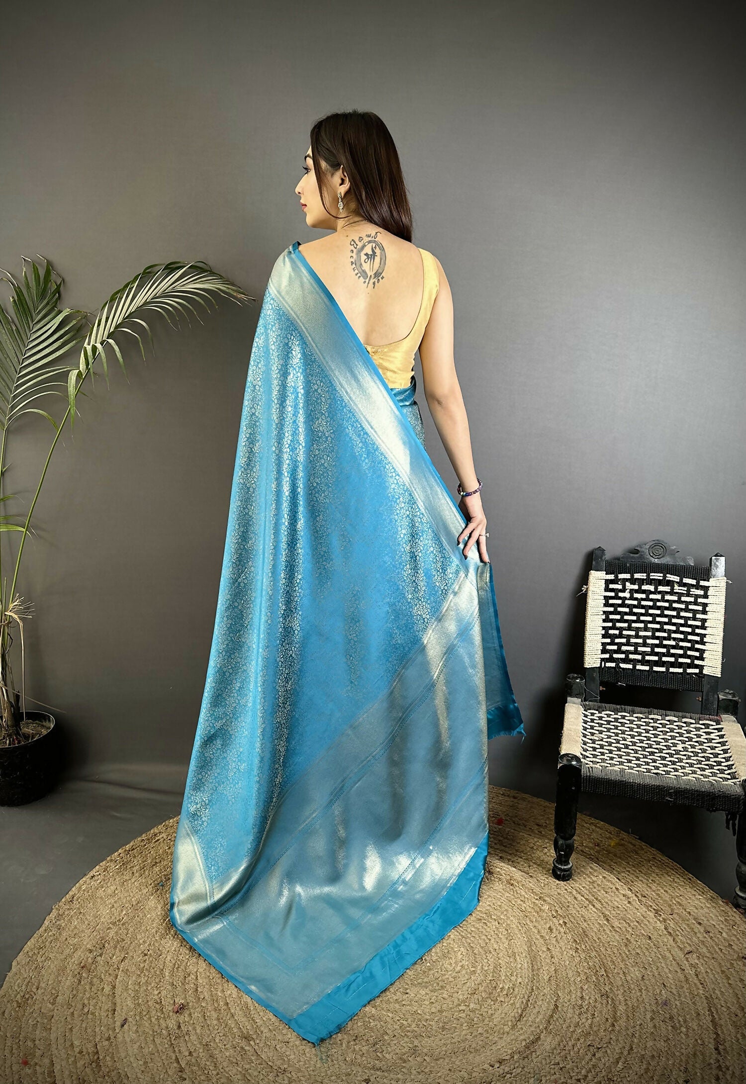 Joban Fashion Ocean Blue Floral Motifs & Ethnic Design Soft Satin Silk Kanchipuram Saree - Distacart