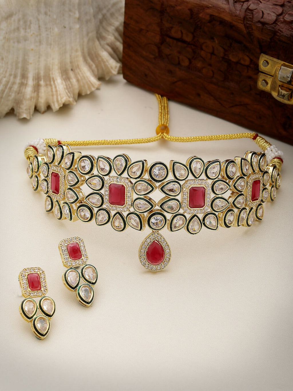 NVR Women's Red & Gold Kundan Studded Handcrafted Choker Jewellery Set