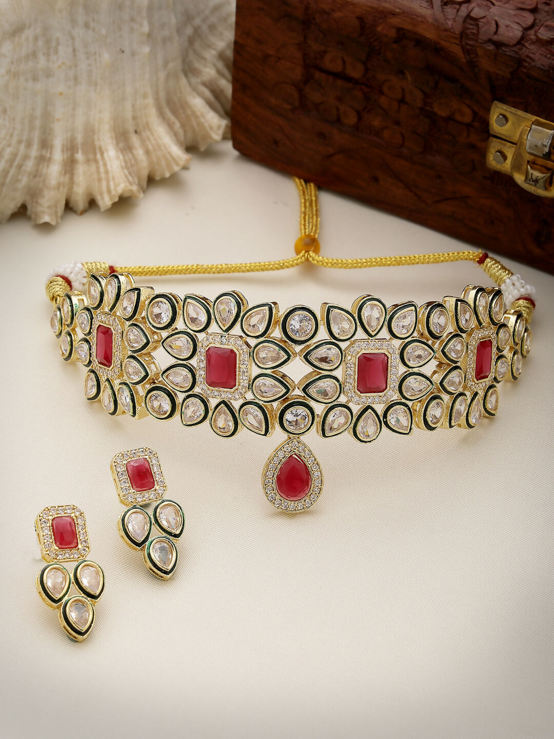 NVR Women's Red & Gold Kundan Studded Handcrafted Choker Jewellery Set