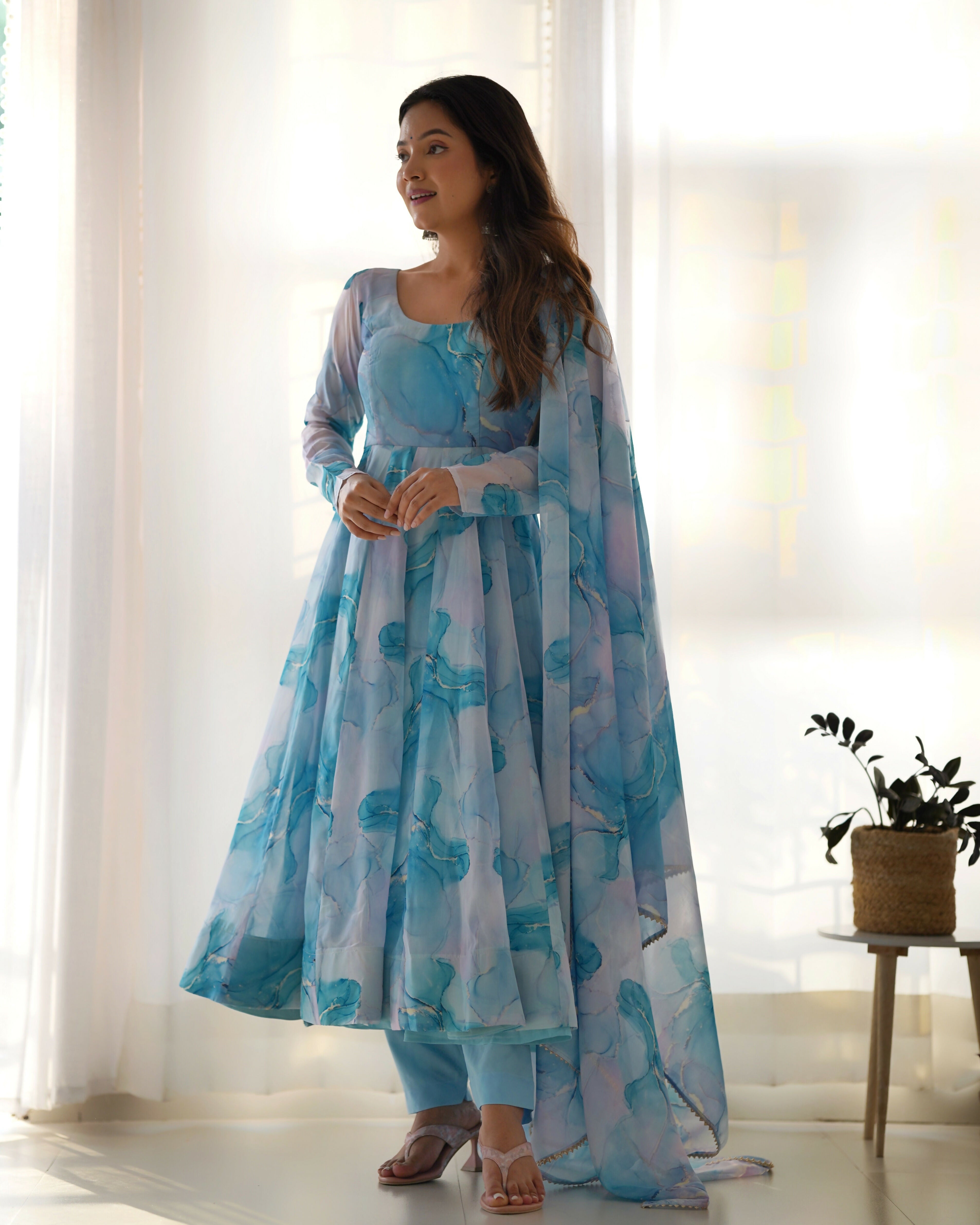 Joban Fashion Sky Kurta Set Organza Sequin Embroidery Work - Distacart