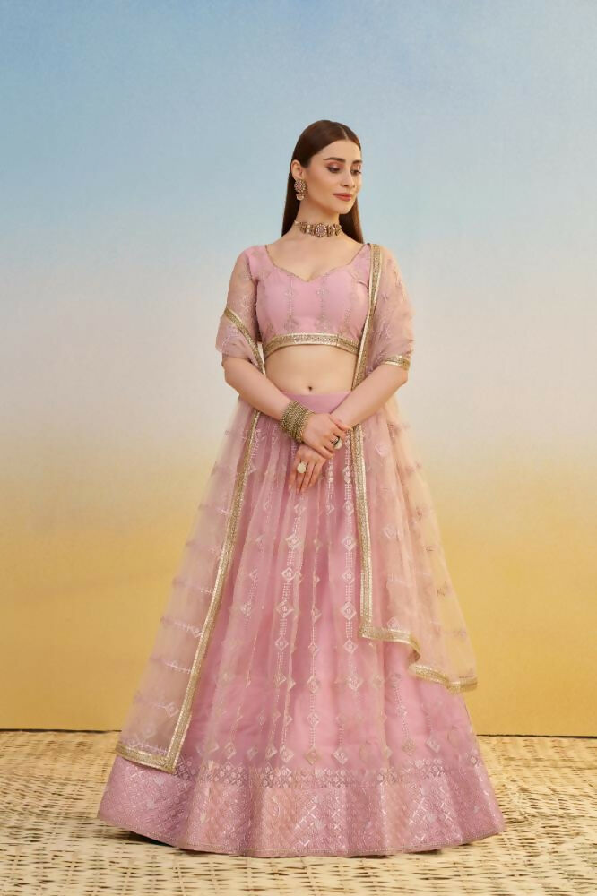 Aastha Fashion Pink Butterfly Net Tone To Tone Cotton Thread Work And Sequence Work Embroidery Wedding Wear Lehenga Choli