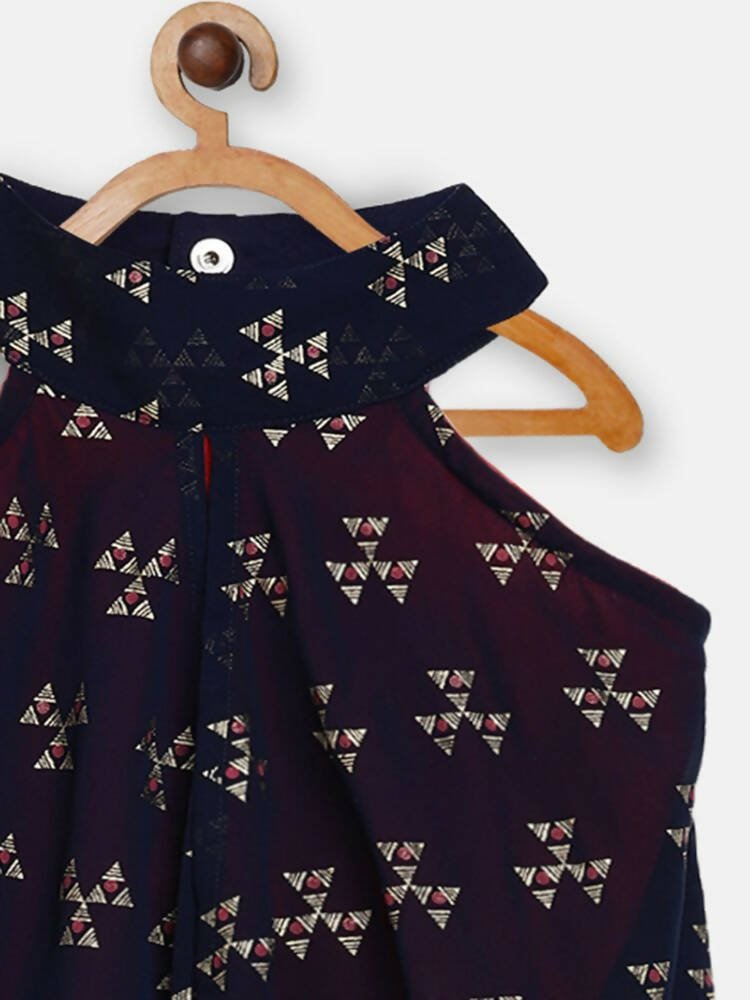 Ahalyaa Navy Printed Chanderi Silk Kids Kurta With Pant For Girls