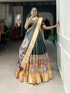 Vastranavya Kalamkari Print With Weaving Border Lehenga with Unstitched Blouse - Grey