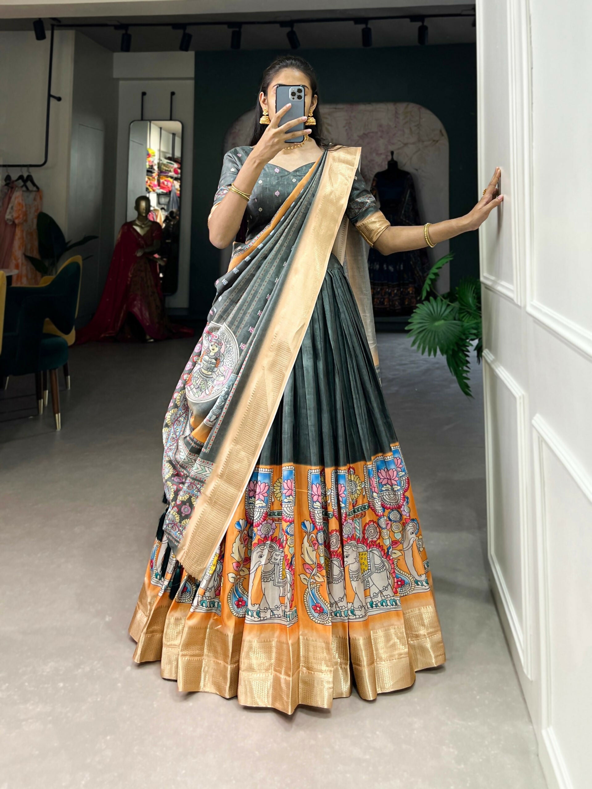 Vastranavya Kalamkari Print With Weaving Border Lehenga with Unstitched Blouse - Grey