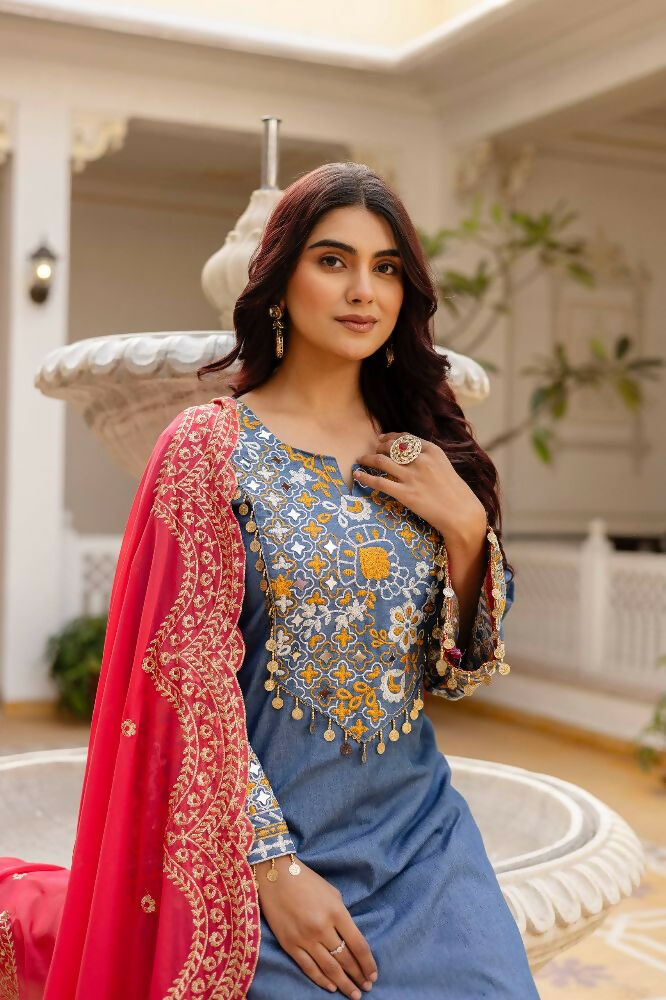 Teeya Creation Blue Color Cotton Denim Party Wear Real Mirror Work kurti - Distacart