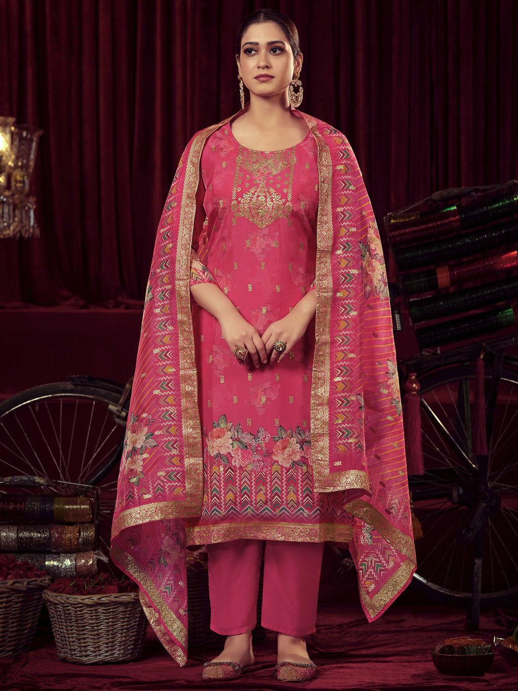 Jyoti Fashion Women's Magenta Organza Jacquard Woven Kurta with Trouser & Dupatta