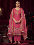 Jyoti Fashion Women's Magenta Organza Jacquard Woven Kurta with Trouser & Dupatta