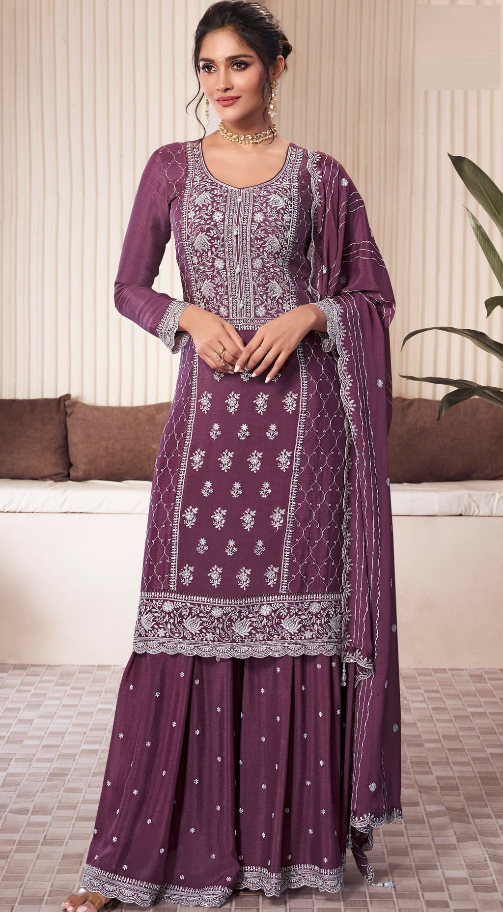 Anaita Wine Embroidered Work Silk Stitched Sharara Suit - Distacart