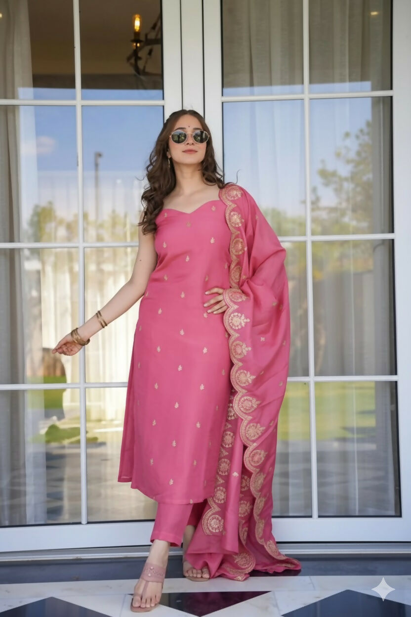 The52 Peach Women's Viscose Zari Chanderi Fabric Embroidered Work Straight Kurta, Pant and Dupatta Set - Distacart