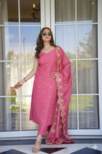 The52 Peach Women's Viscose Zari Chanderi Fabric Embroidered Work Straight Kurta, Pant and Dupatta Set - Distacart