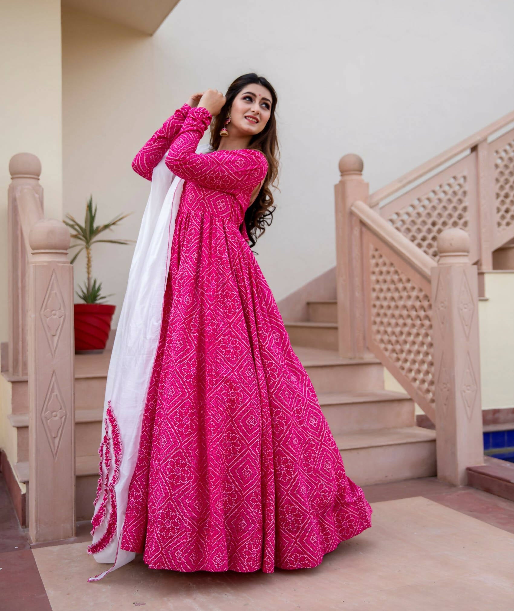 Pink Pure Maslin Bandhej Print Work Stitched Suit With Dupatta - Anbazaar - Distacart