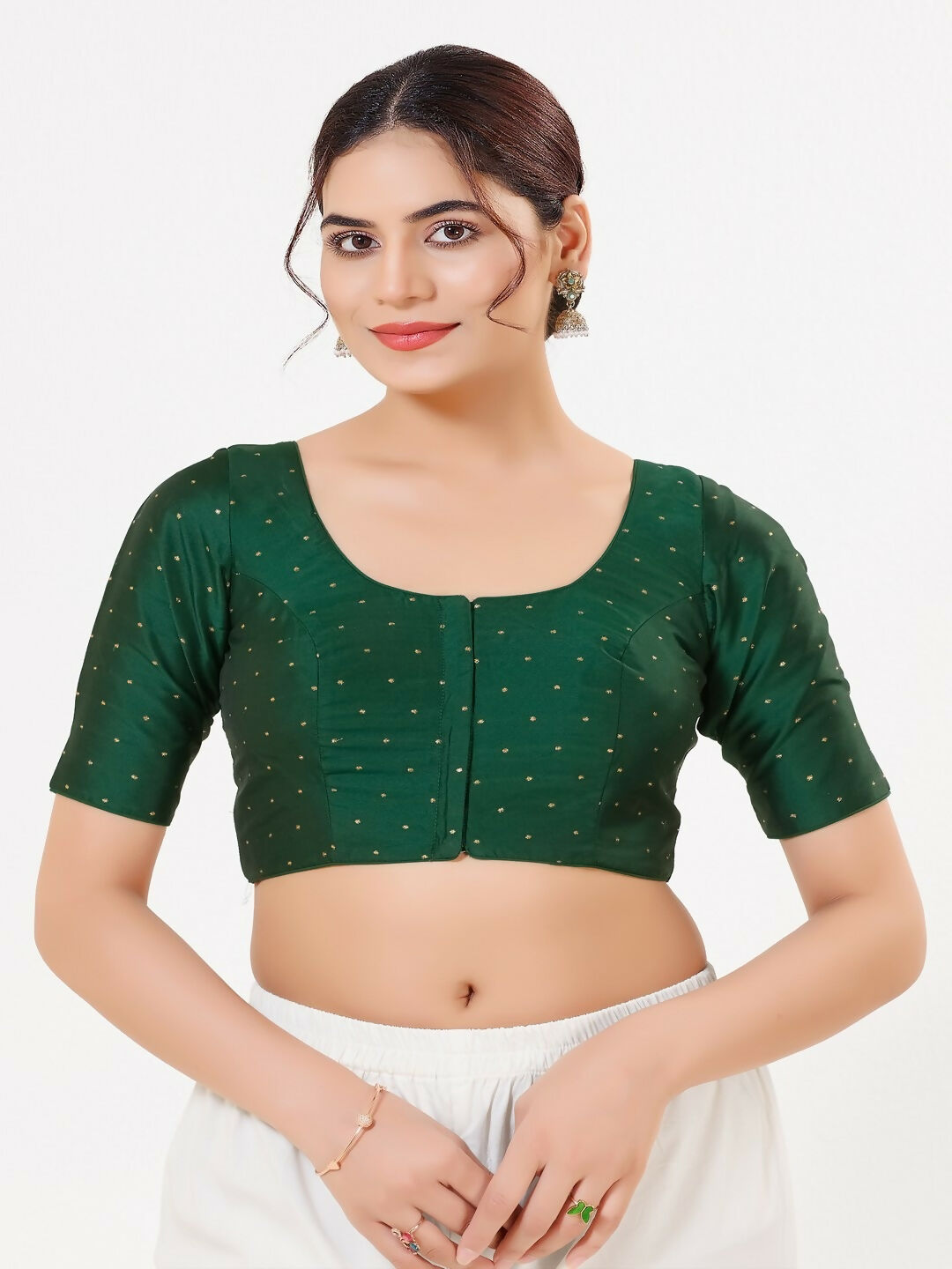 Joban Fashion Bottle-Green Taffeta Silk Elbow Sleeveless Front Open Blouse