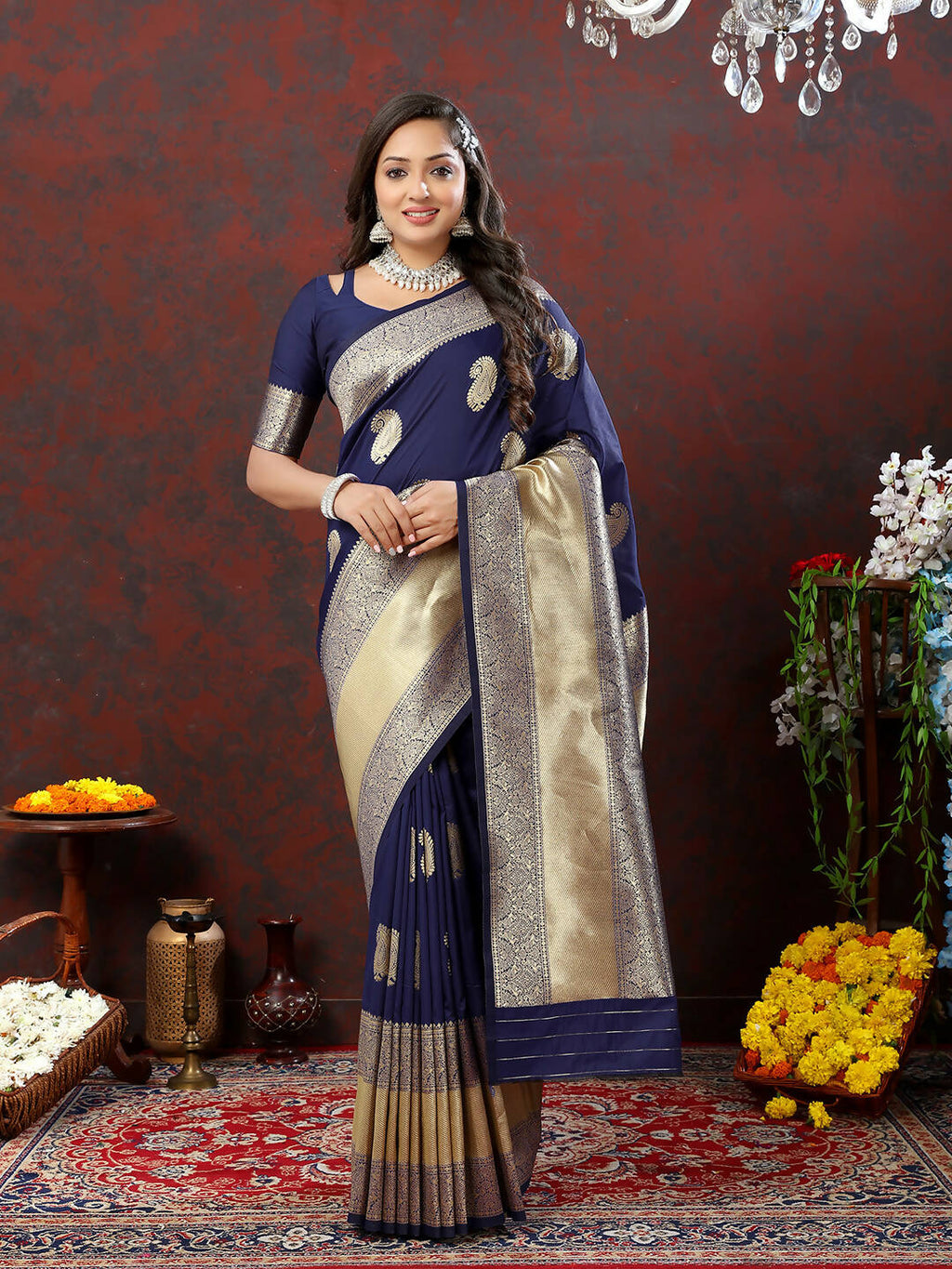 Lorenvalley Fashion Navyblue Soft Silk Woven Design Gold Zari Weaving Saree