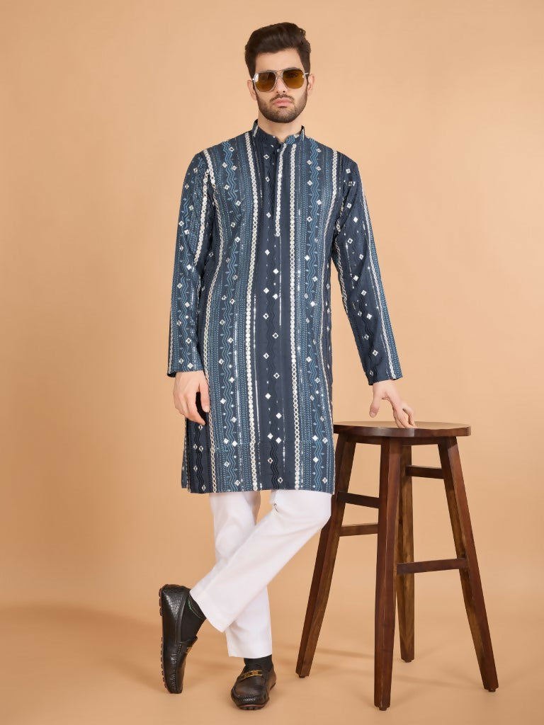 Vastranavya Grey Exclusive Festival Wear Pure Viscose Rayon Sequence & Foil Mirror Heavy Embroidered Work Kurta