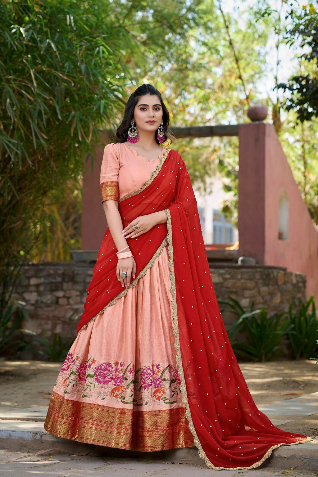 Vastranavya Stunning Cotton Silk Thread Embroidery Work Lehenga Choli - Peach