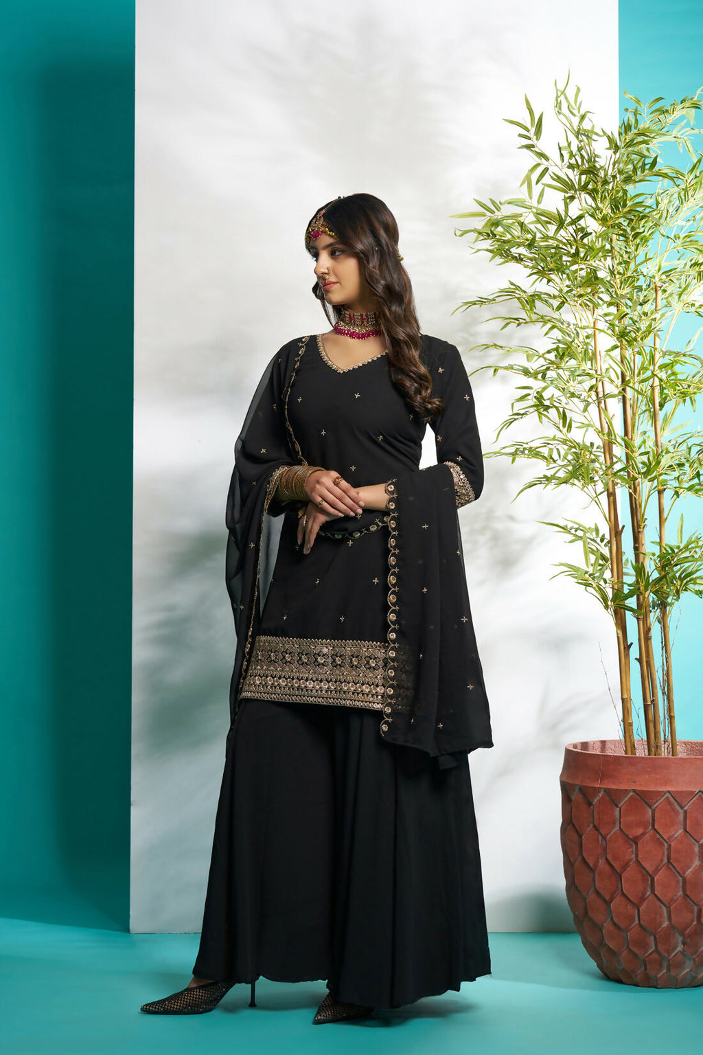 Aayaa Designer Faux Gorgette Embroidery Zari Sequins Thread work Full Flaired plazzo Suit with Dupatta - Black
