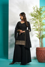 Aayaa Designer Faux Gorgette Embroidery Zari Sequins Thread work Full Flaired plazzo Suit with Dupatta - Black