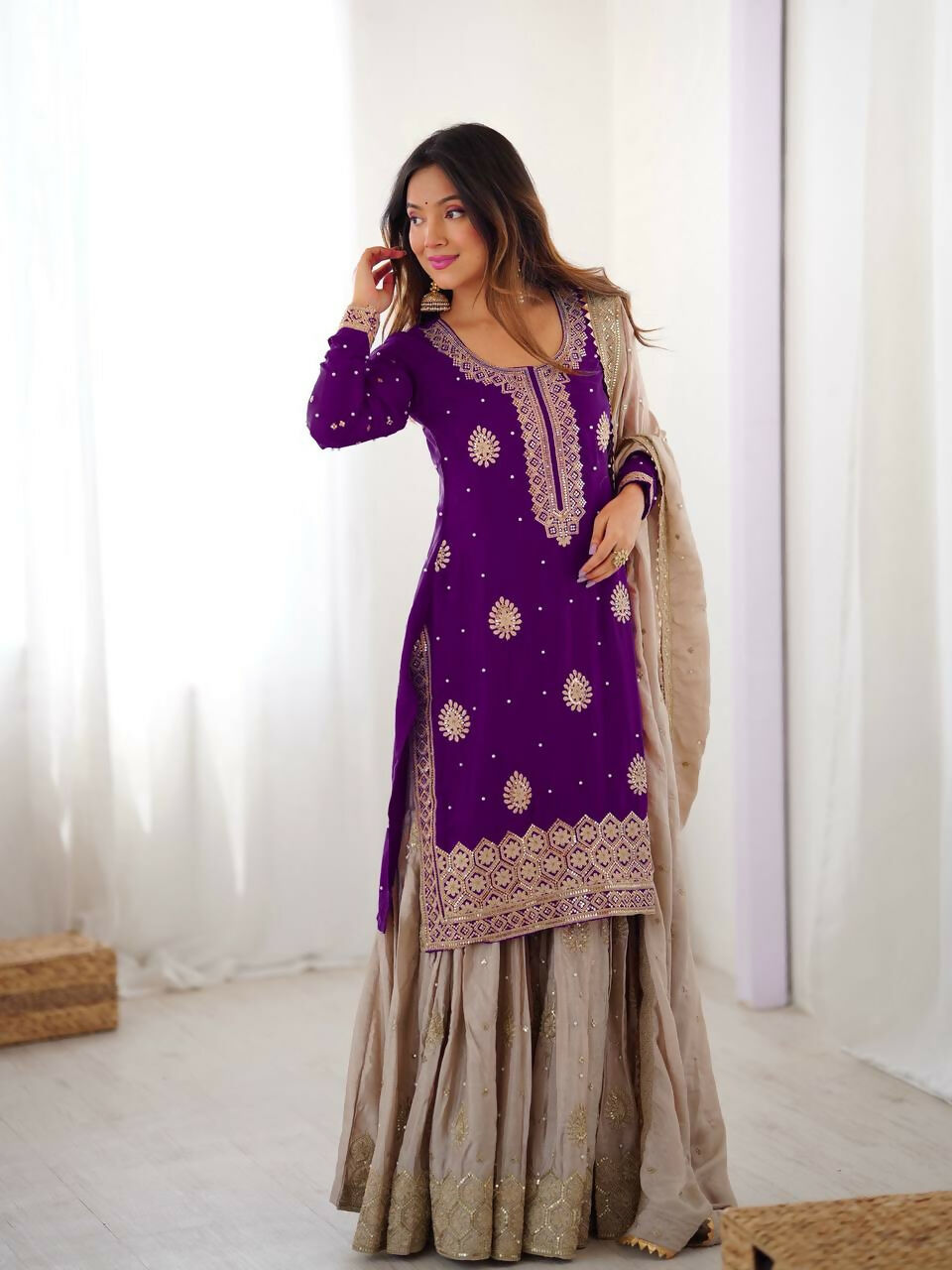 Lehenga Mart Designer Sharara Suit With Kurta, Sharara, Dupatta For Women-Purple - Distacart