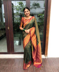 DEIANA'S Beautiful Designer Golden zari Soft Lichi Silk Saree - B Green