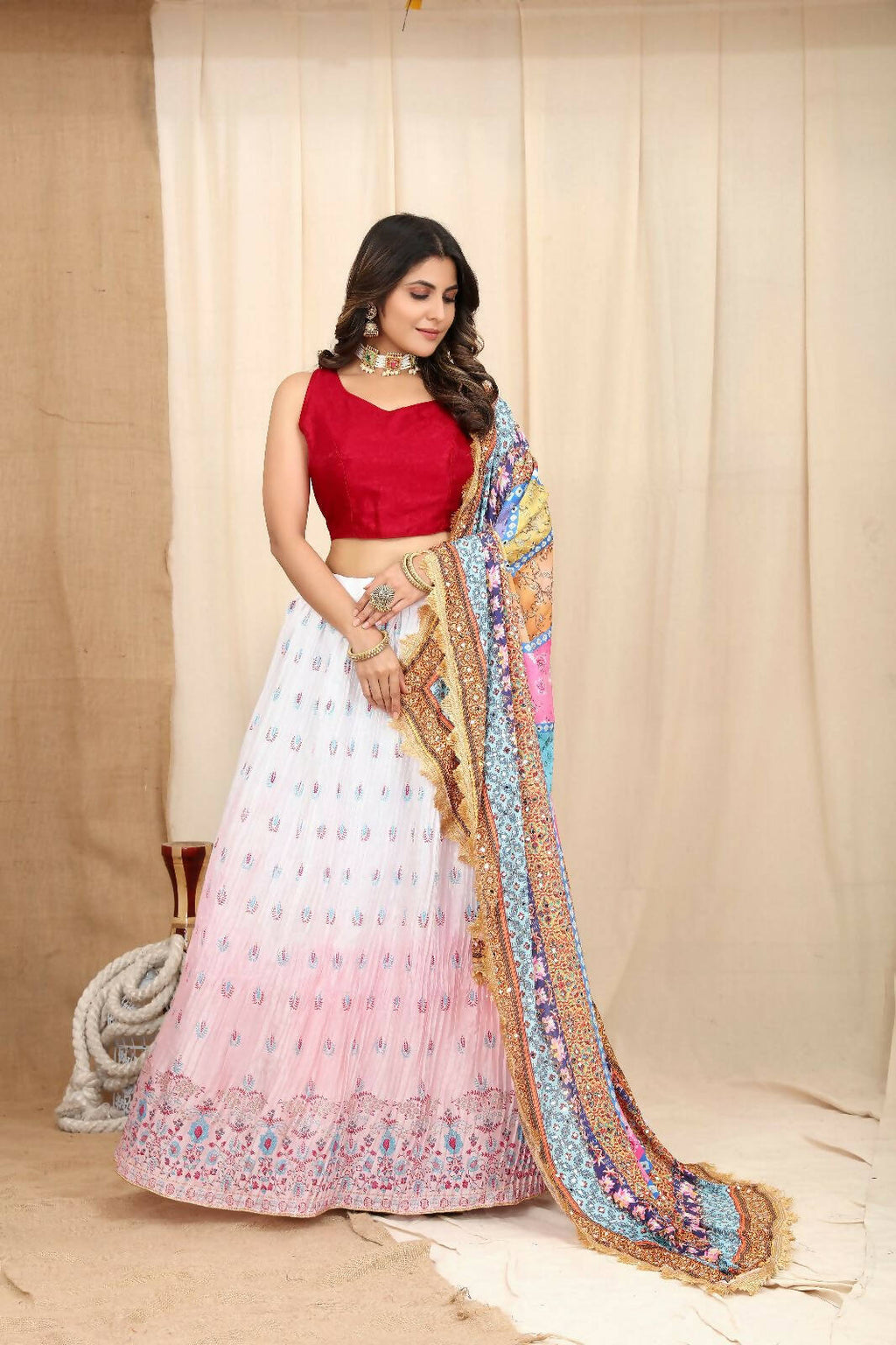 DEIANA'S Beautiful Pure Chinon Jari Silk Weaving Lehengha Choli - White