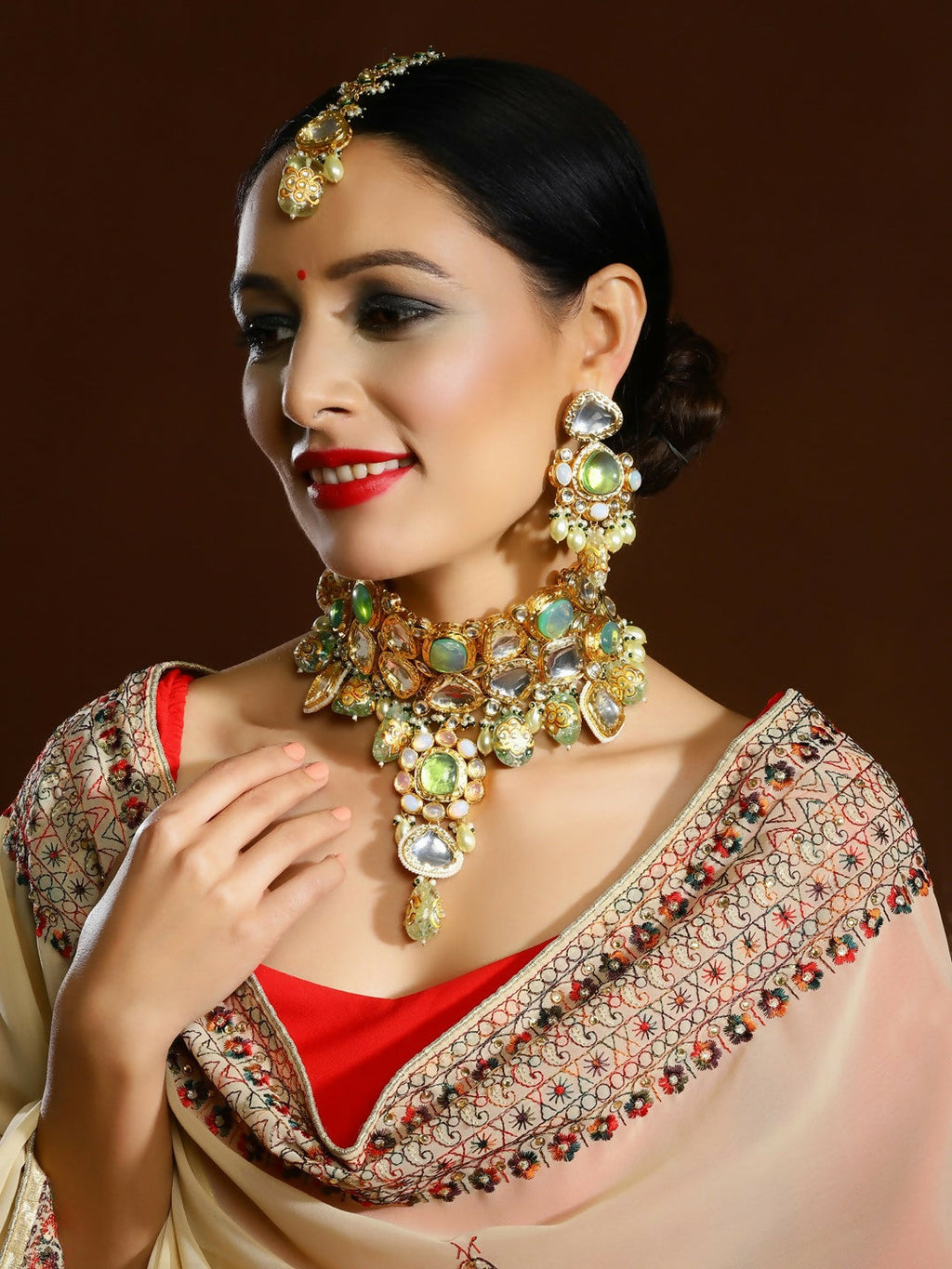 Green Maharani Kundan Neckpiece with Earrings and Maang Tikka- Ruby Raang
