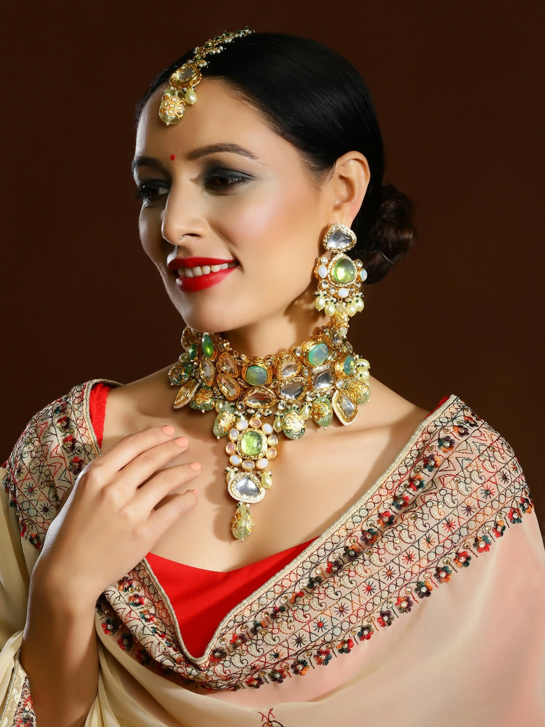 Green Maharani Kundan Neckpiece with Earrings and Maang Tikka- Ruby Raang