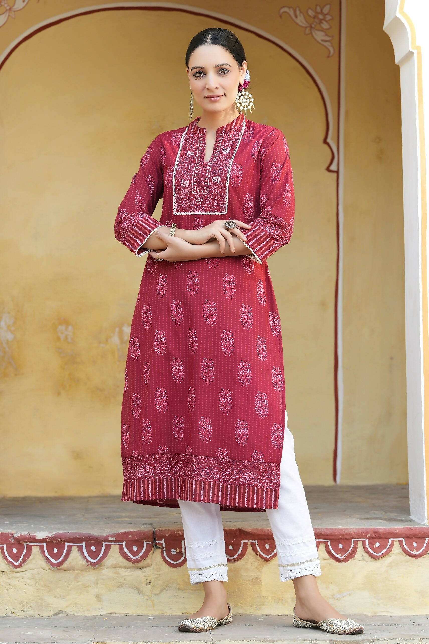 Juniper Women's Marron Cotton Cambric Floral Printed Straight Kurta - Distacart